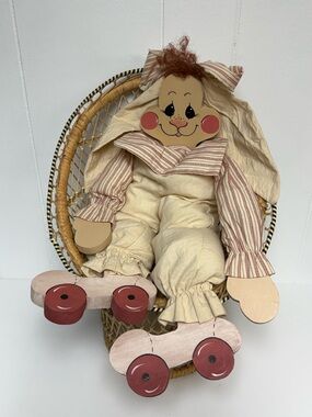 Vintage Handmade Wood & Muslin Stuffed Bunny Rabbit Ticking Stripes Floppy Ears
